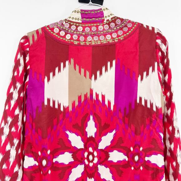 Tory Burch Iveta Embellished Ikat Silk Tunic Top Pink Red Resort Womens Size 2 - Picture 9 of 12